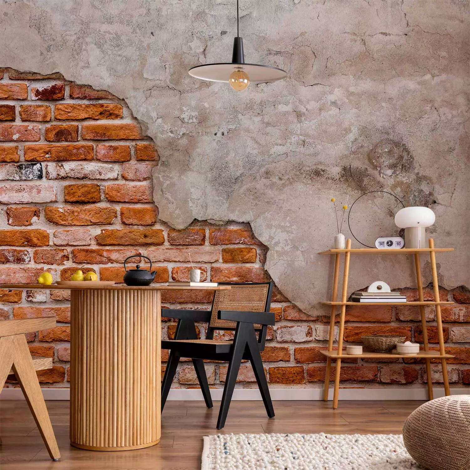 Photo Wallpaper Eclectic masonry - slabs of textured concrete on a background of red bricks