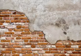 Photo Wallpaper Eclectic masonry - slabs of textured concrete on a background of red bricks Wallpaper Cropper