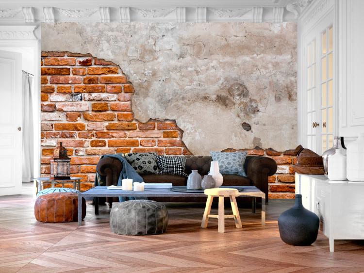 Wall Mural Eclectic masonry - slabs of textured concrete on a background of red bricks