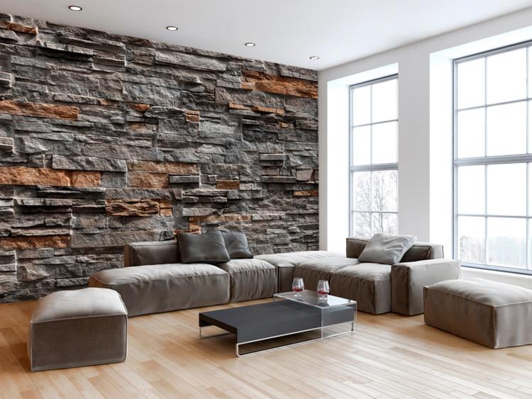Wall Mural Dark façade - background with stone textures and bronze elements