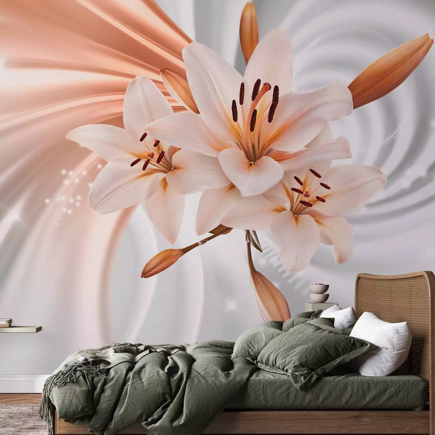 Wall Mural Orange abstraction - white lilies on background with swirl effect