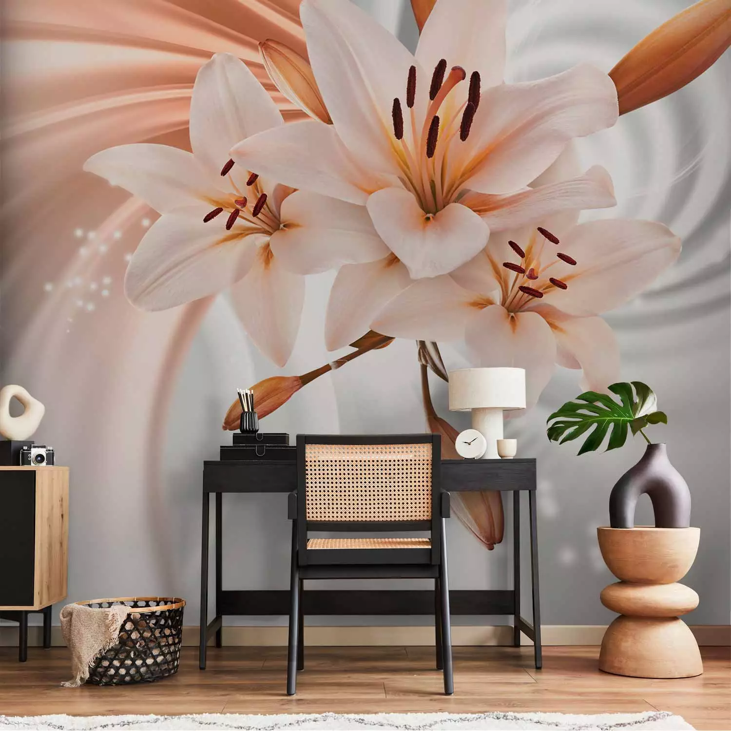 Wall Mural Orange abstraction - white lilies on background with swirl effect
