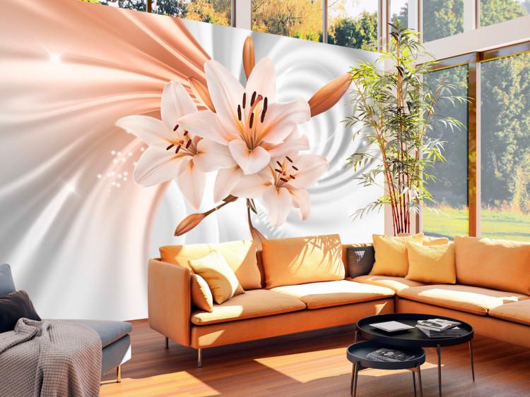 Wall Mural Orange abstraction - white lilies on background with swirl effect
