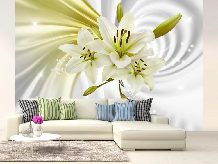 Wall Mural Green enchantment - white lilies on background with swirl effect