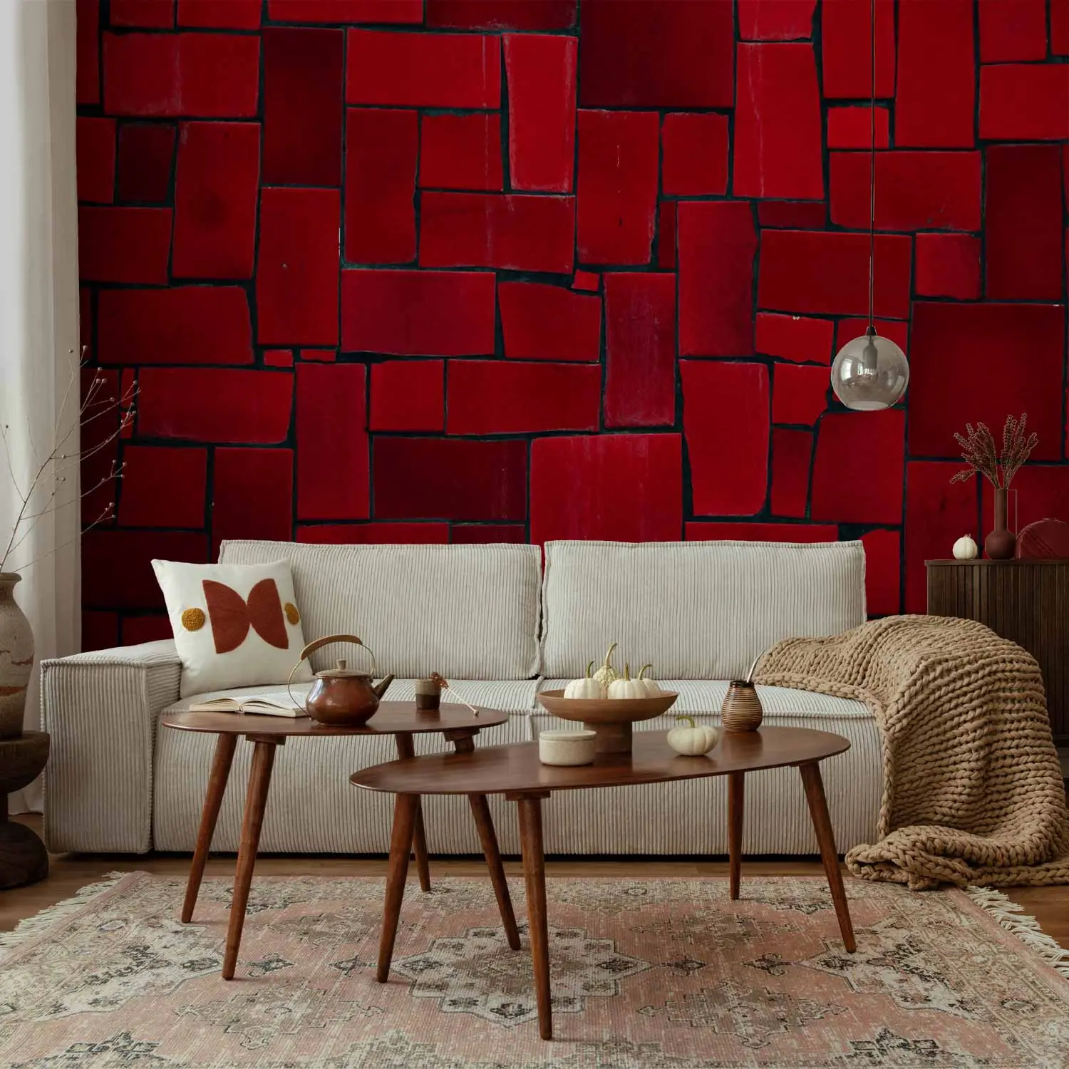 red feature wallpaper living room