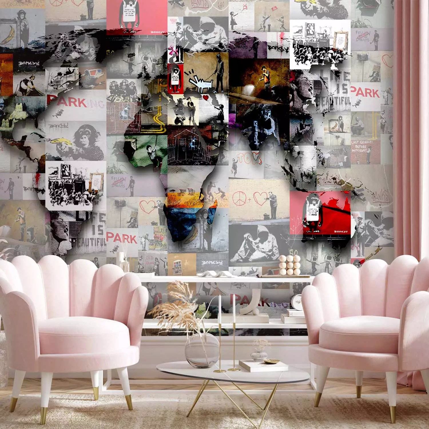 Wall Mural Street art and Banksy - map of the world in the form of a collage composed of murals