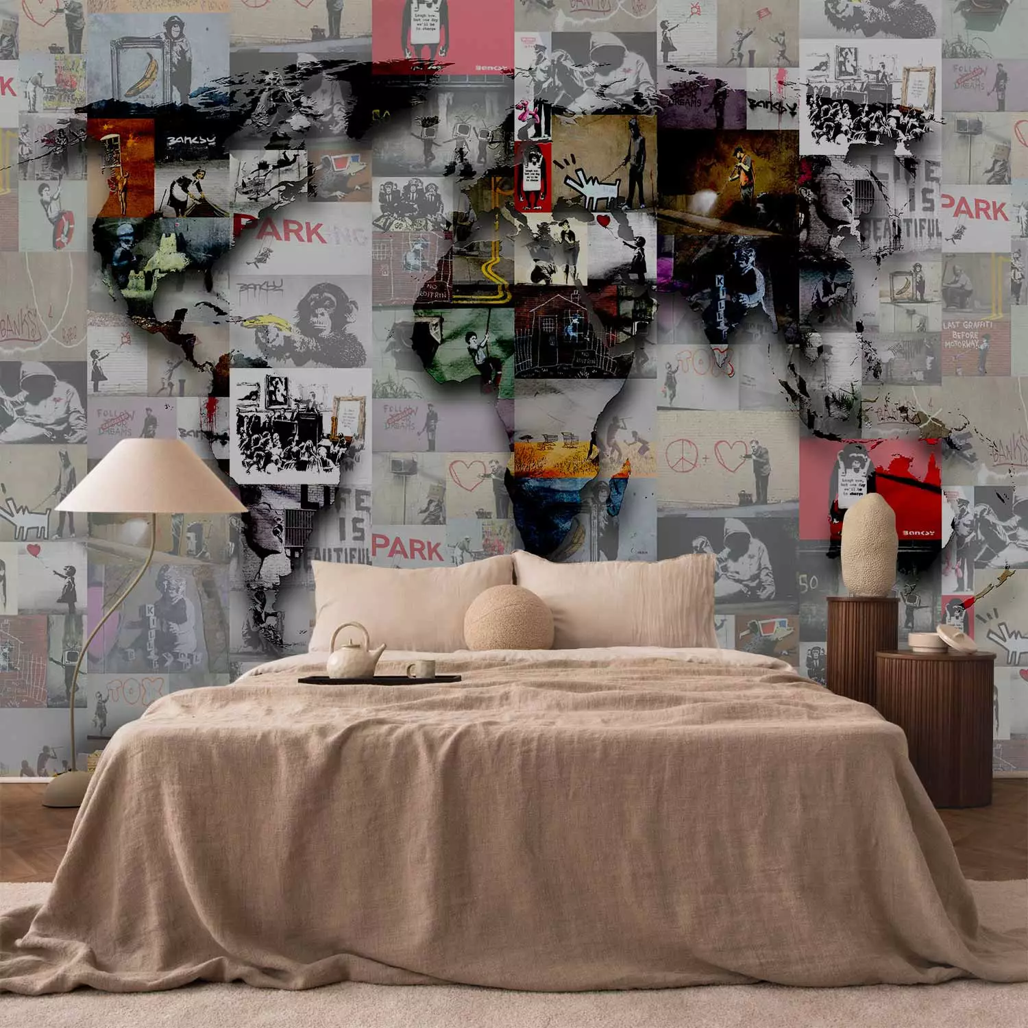 Wall Mural Street art and Banksy - map of the world in the form of a collage composed of murals