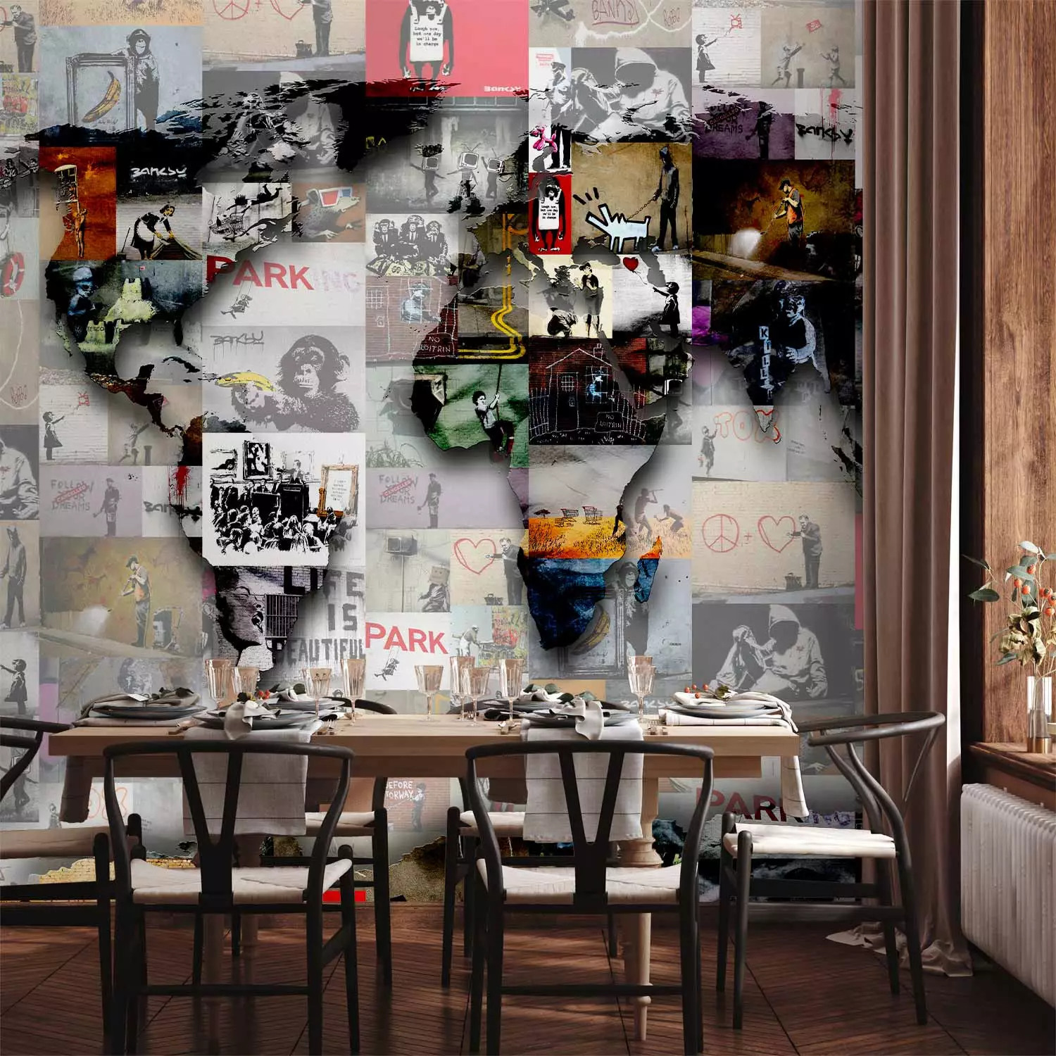 Wall Mural Street art and Banksy - map of the world in the form of a collage composed of murals