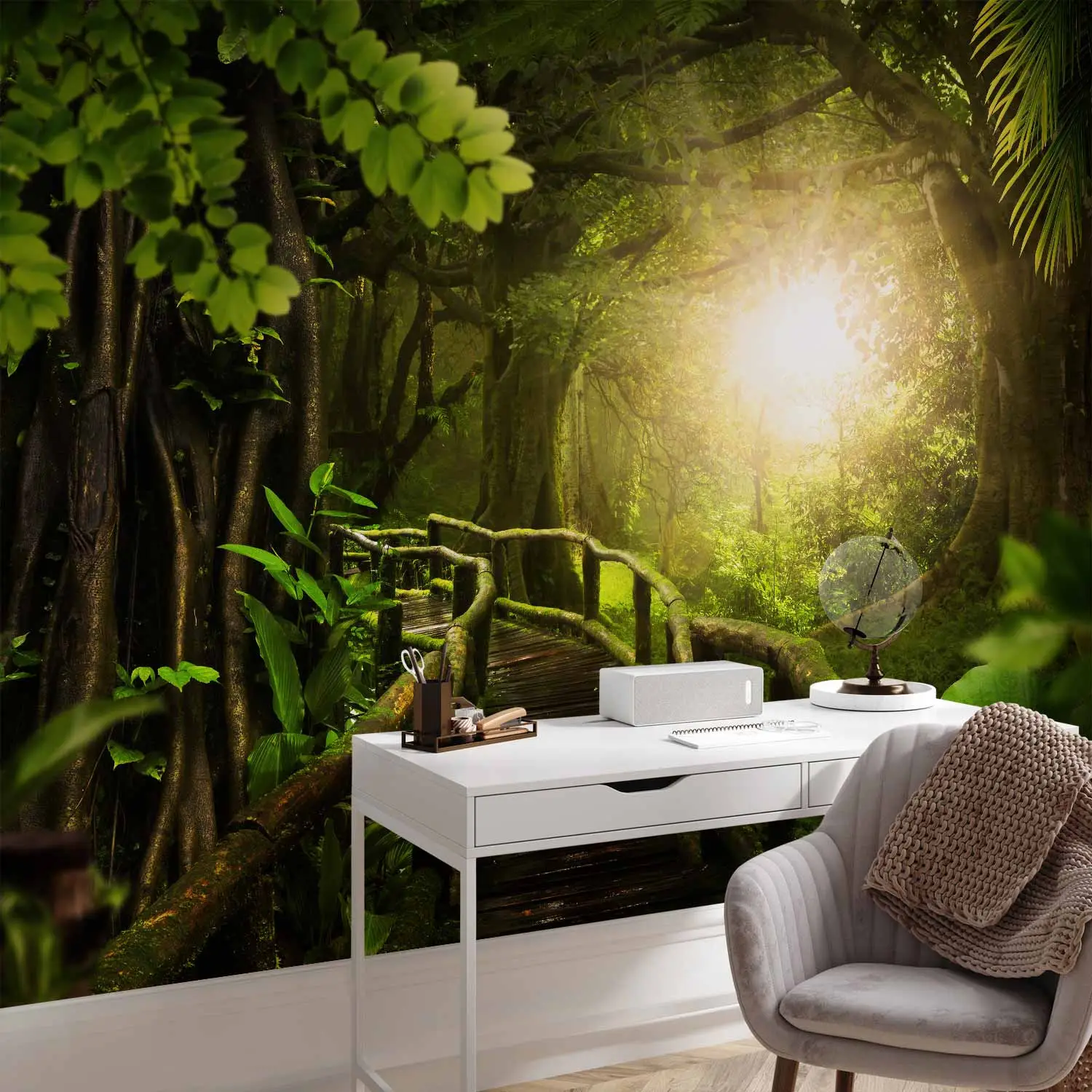 Photo Wallpaper Jungle - green landscape with tropical forest and bridge  towards the sun - bimago