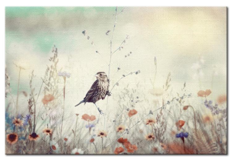 Canvas Wild Meadow (1-piece) - Bird amid Colorful Spring Flowers