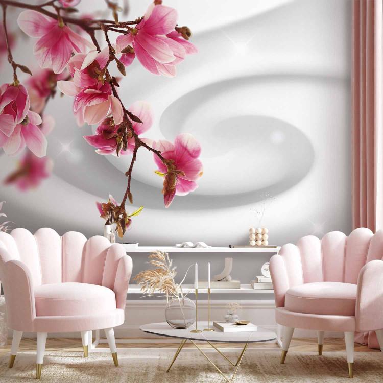 Wall Mural Blooming magnolia - pink flower composition on a swirl effect background