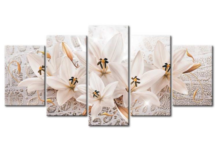 Canvas Treasure of Delicacy (5-piece) - Blooming Lilies on Beige Background