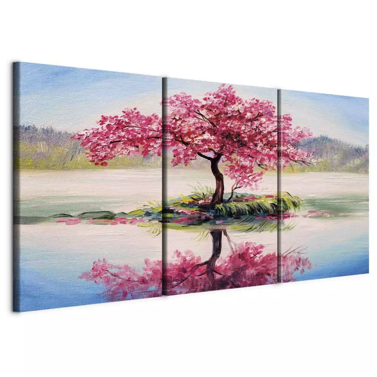 Canvas Print Sakura Island (3-piece) - Blossoming Cherry Tree in the Middle of a Lake