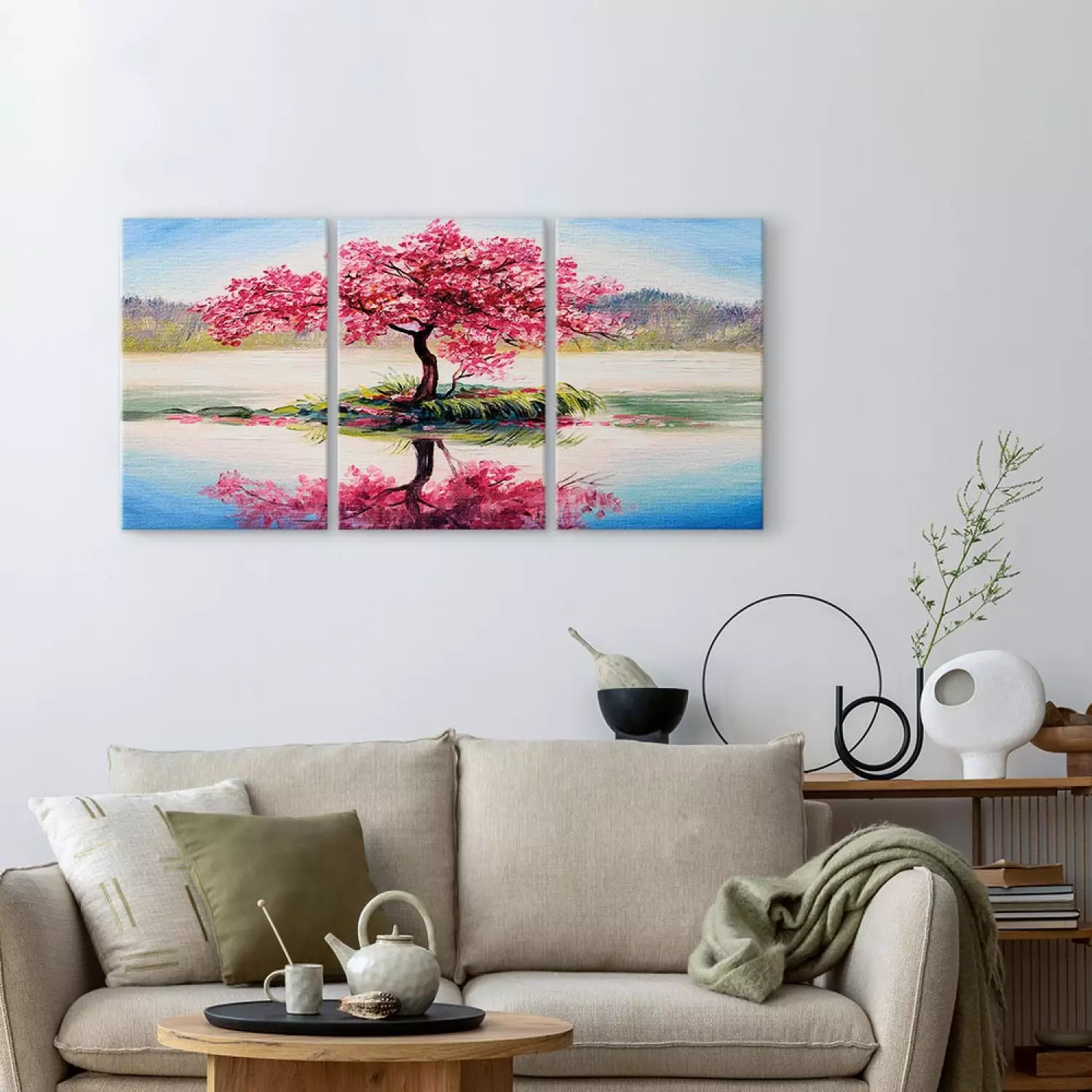 Canvas Print Sakura Island (3-piece) - Blossoming Cherry Tree in the Middle of a Lake