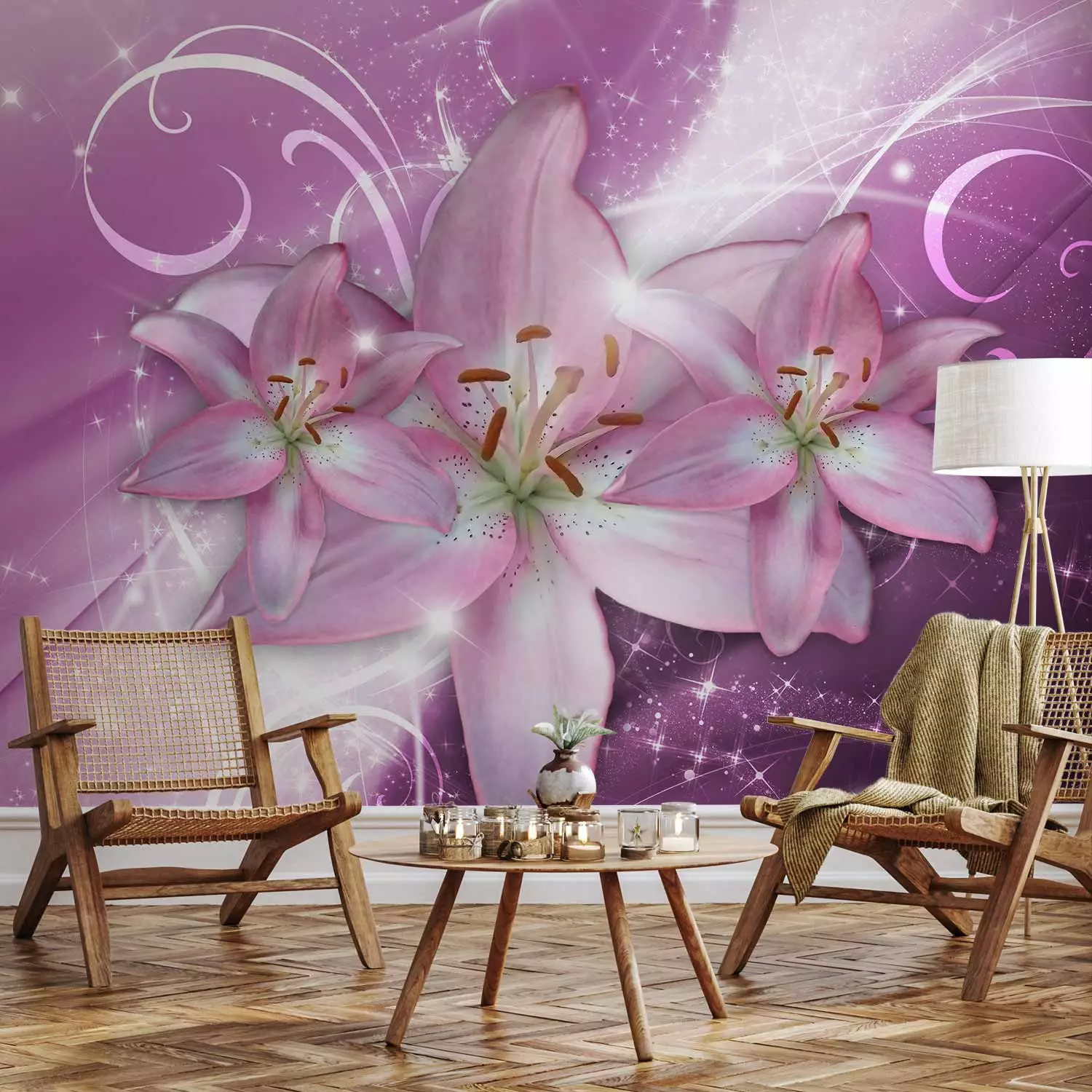 Photo Wallpaper Purple comet - lily flowers on a fancy background with a  glow effect - bimago, image size:1500x1500
