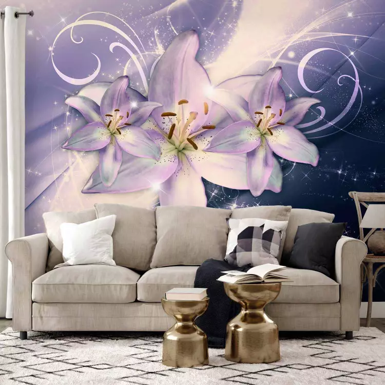 Wall Mural Winter galaxy - lily flowers on a blue background with glow effect