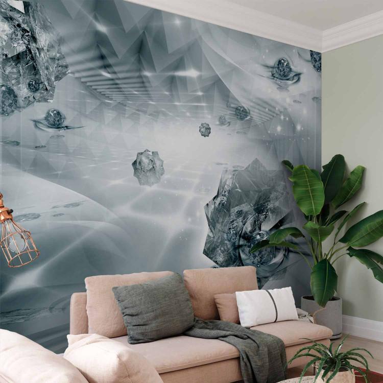 Wall Mural Modern corridor - blue abstraction with 3D effect and diamonds