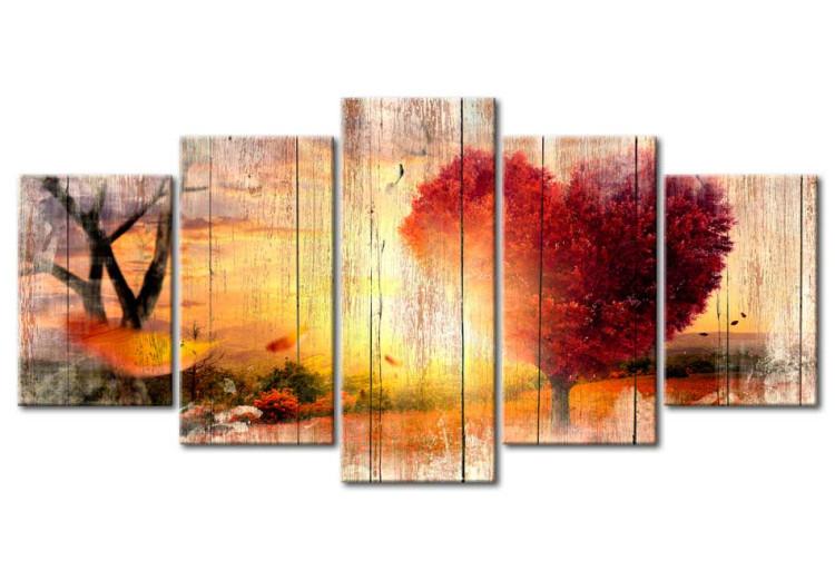Canvas Autumn Love (5-piece) - Sunlit Meadow and Pink Leaves