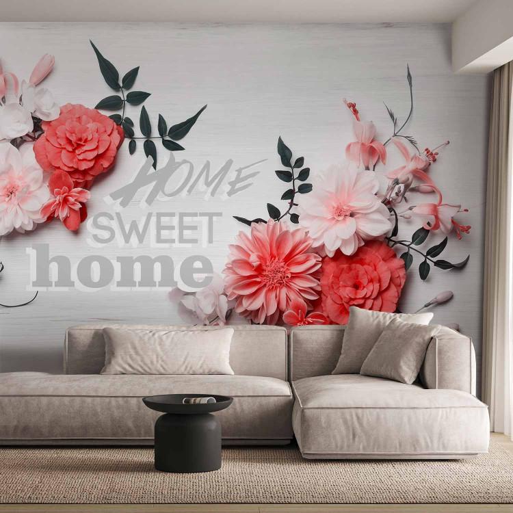 Wall Mural Romantic house - red flowers with writing on a wood textured background