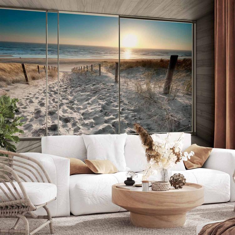 Wall Mural View from the window - 3D landscape with sunrise beach and grey effect