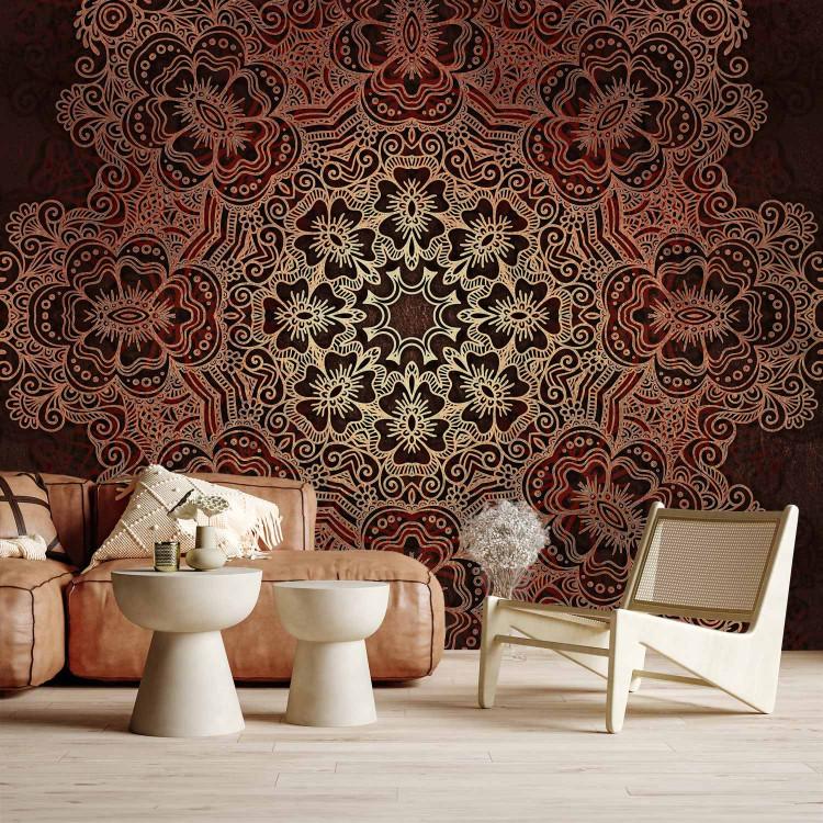 Wall Mural Mandala - contrasting oriental motif in a bright pattern on a red background