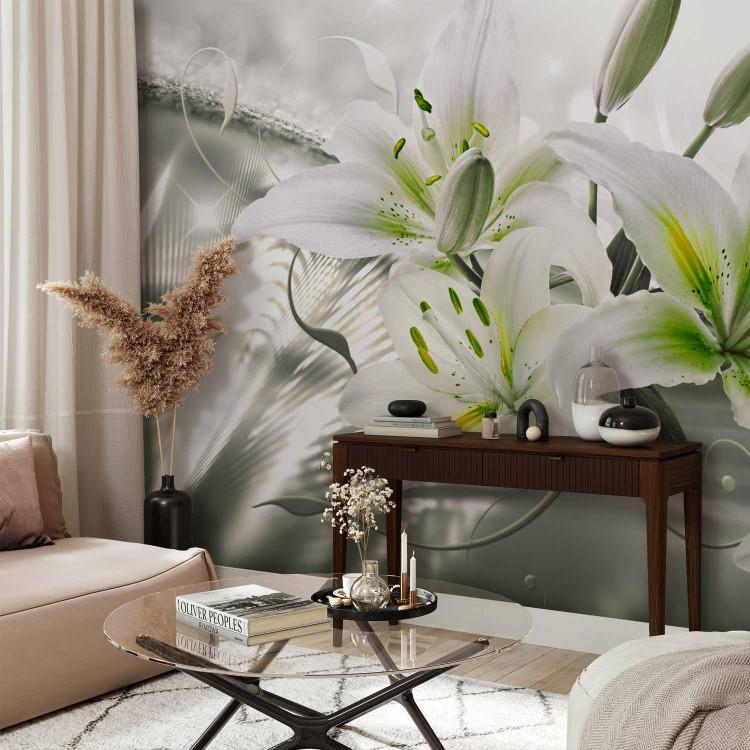 Wall Mural Beauty of the lily - white flowers on a background in green with light glow effect