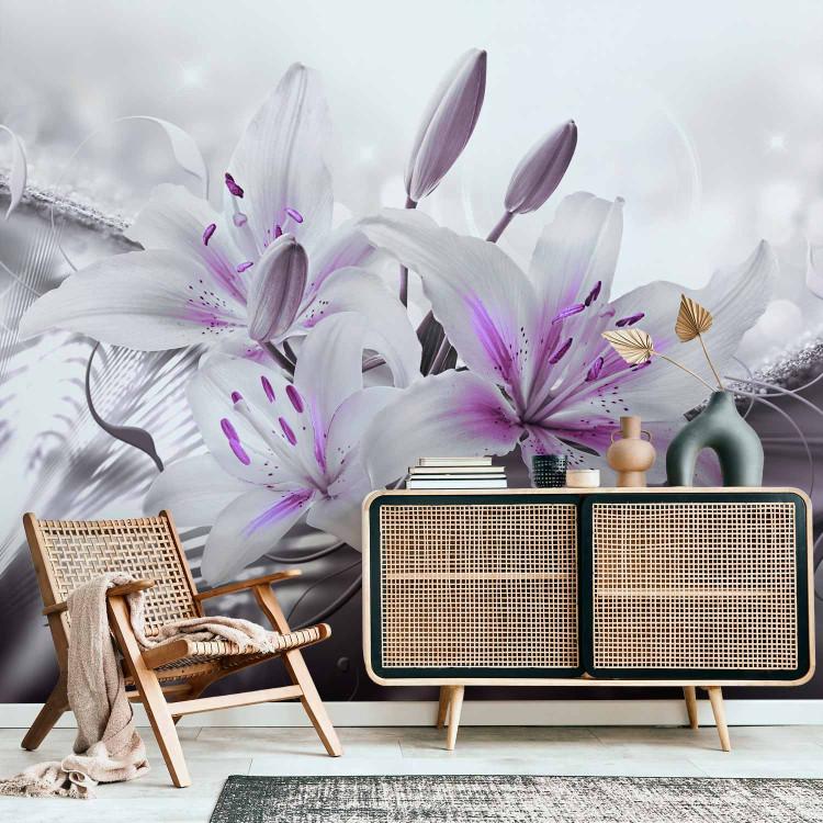 Wall Mural Lily beauty - white flowers in purple on a background with light glow effect