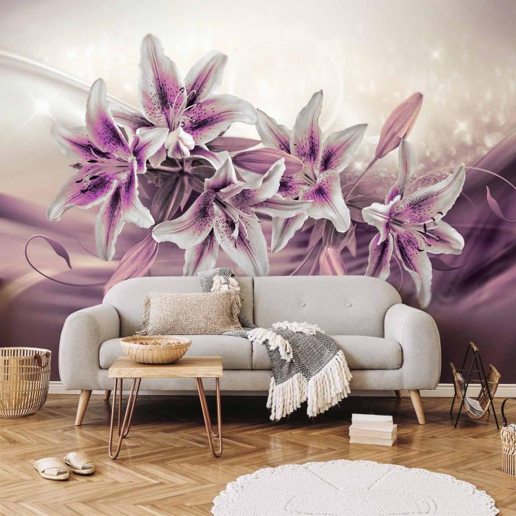 Wall Mural Purple lilies - bouquet of flowers on purple background with glow effect