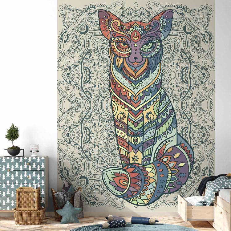 Wall Mural Animal motif - colourful fox on a light background with regular ornaments