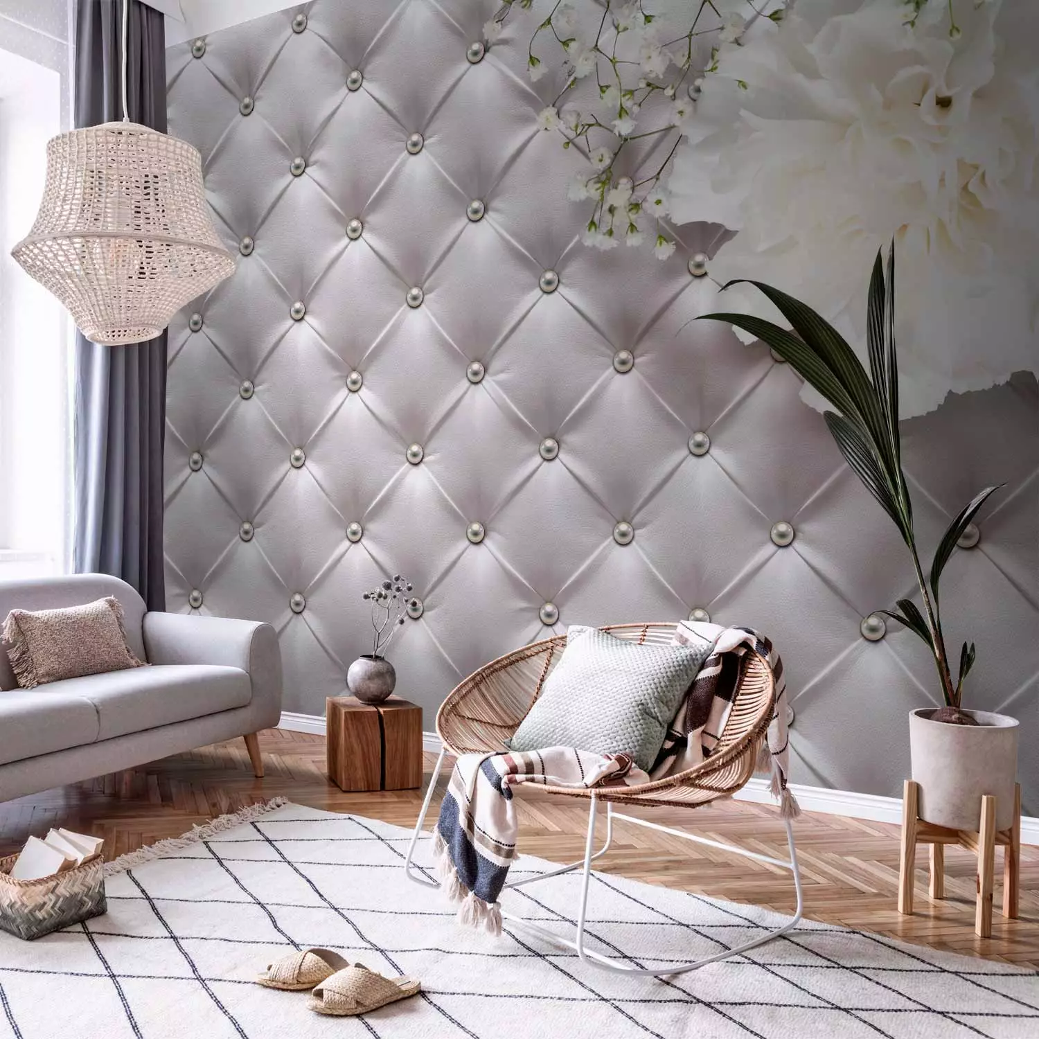Wall Mural Pearl luxury - white flowers on a leather textured background  with quilting - bimago