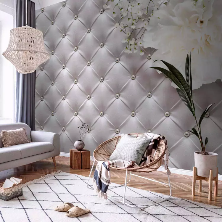 Wall Mural Pearl luxury - white flowers on a leather textured background  with quilting - bimago