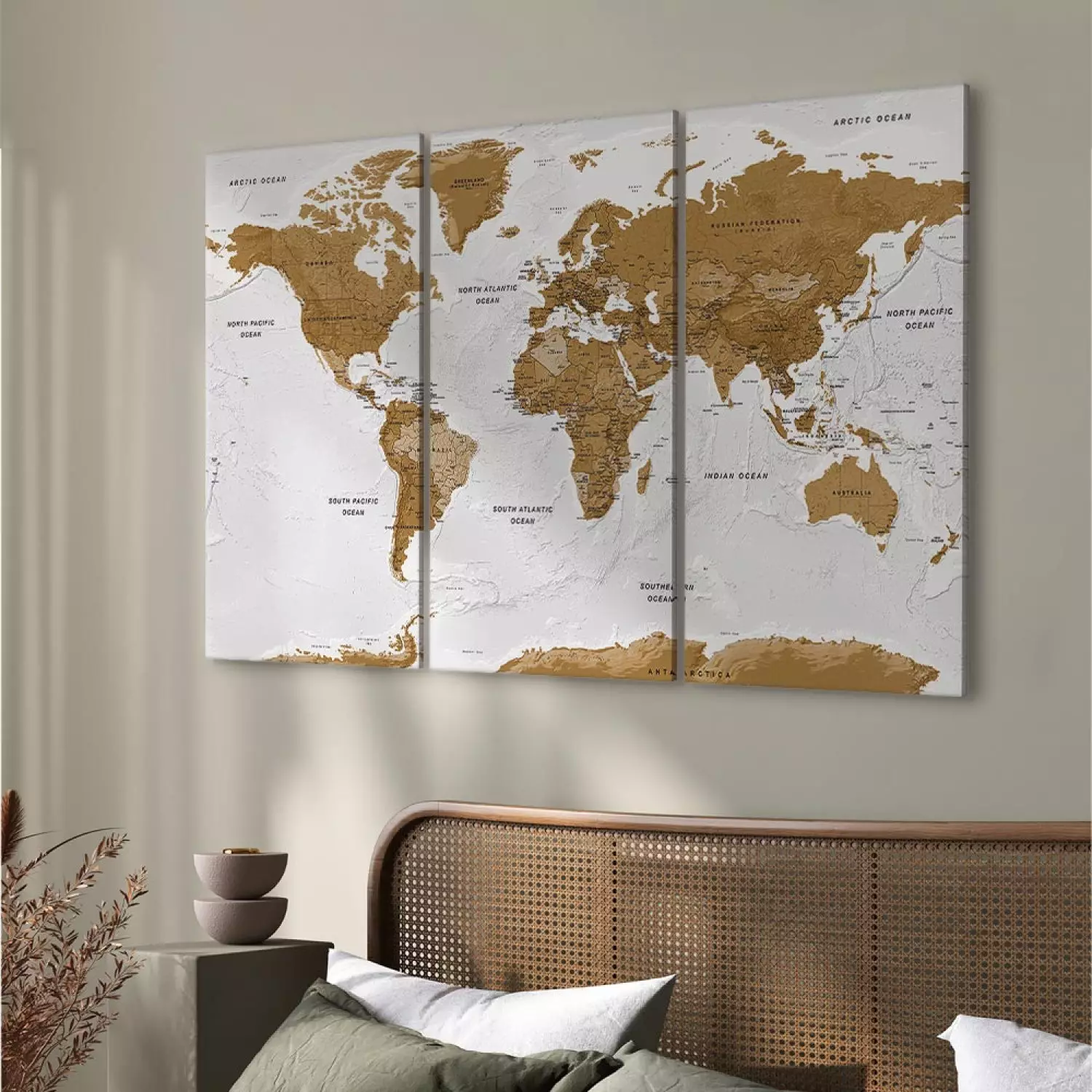 Canvas World Map: White Poetry (3-piece) - brown continents on white