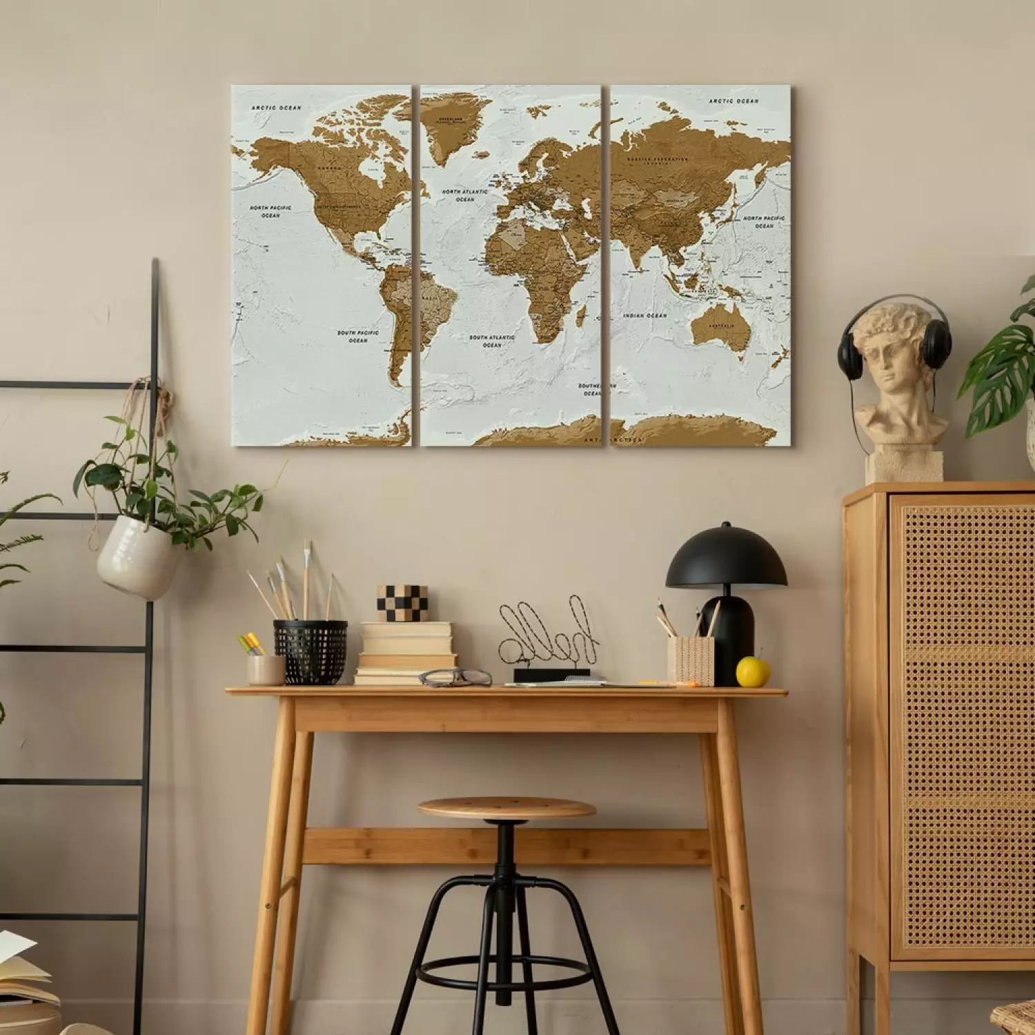 Canvas World Map: White Poetry (3-piece) - brown continents on white