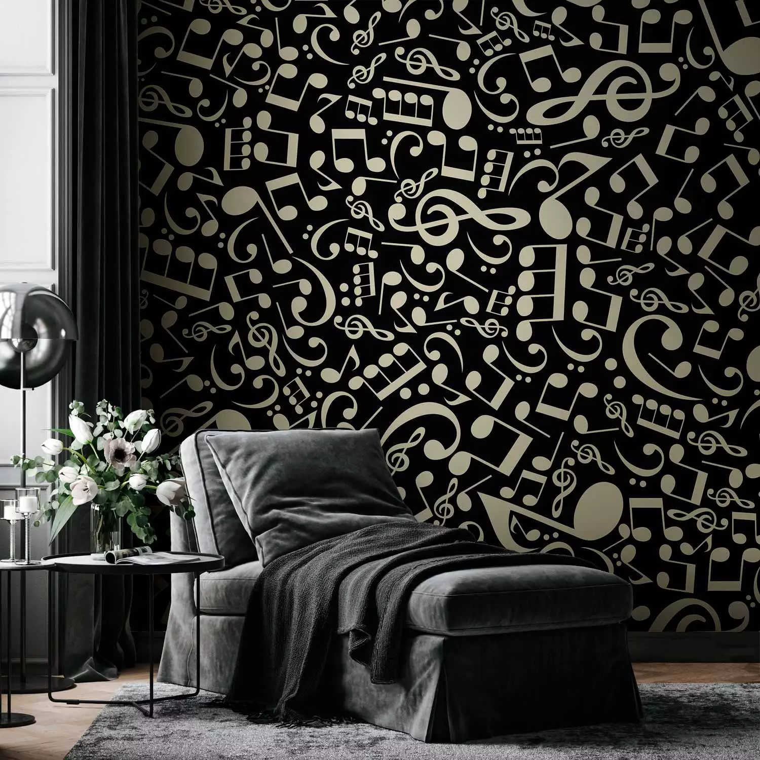 Wall Mural Elements of music - composition of white notes on a solid background in black