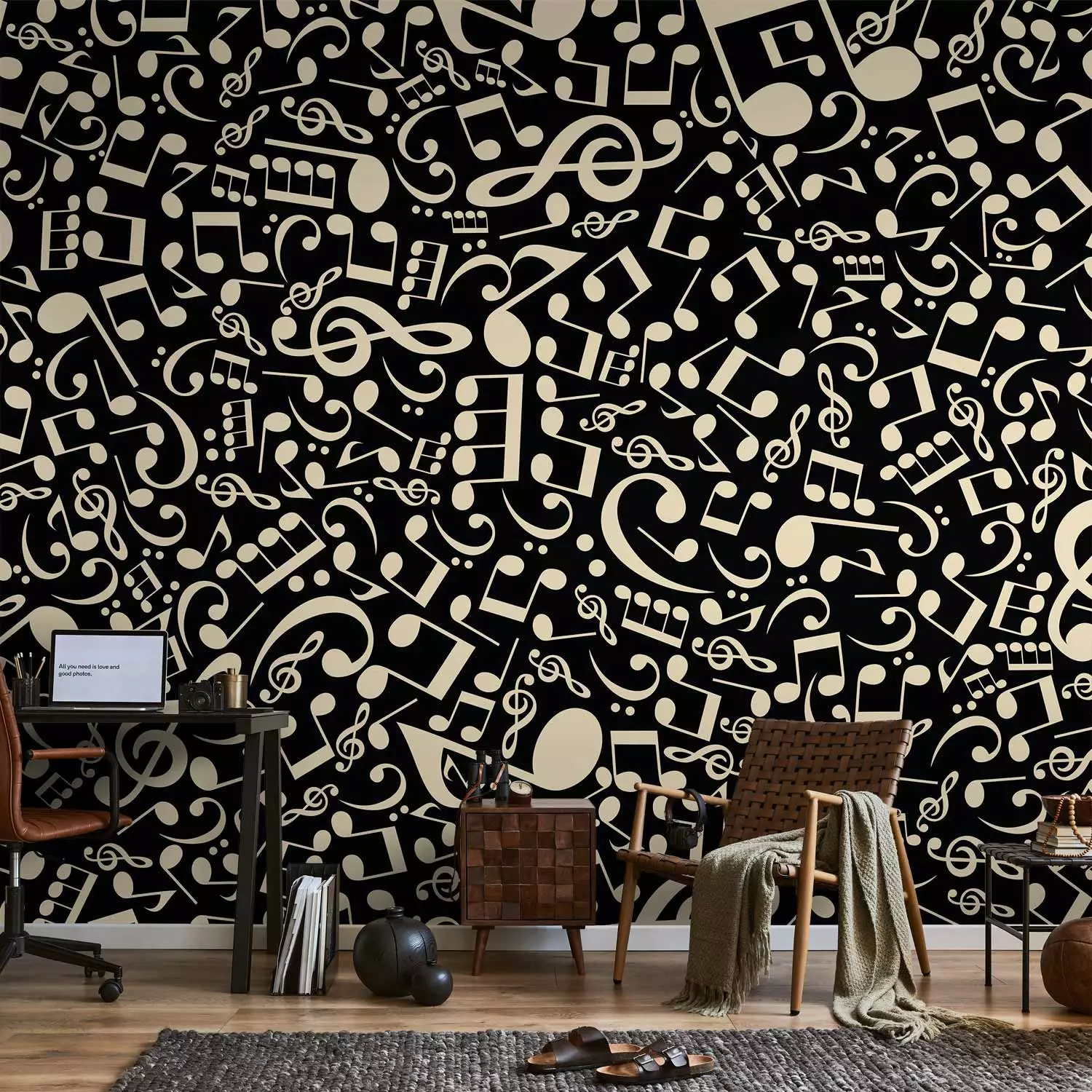 Wall Mural Elements of music - composition of white notes on a solid background in black