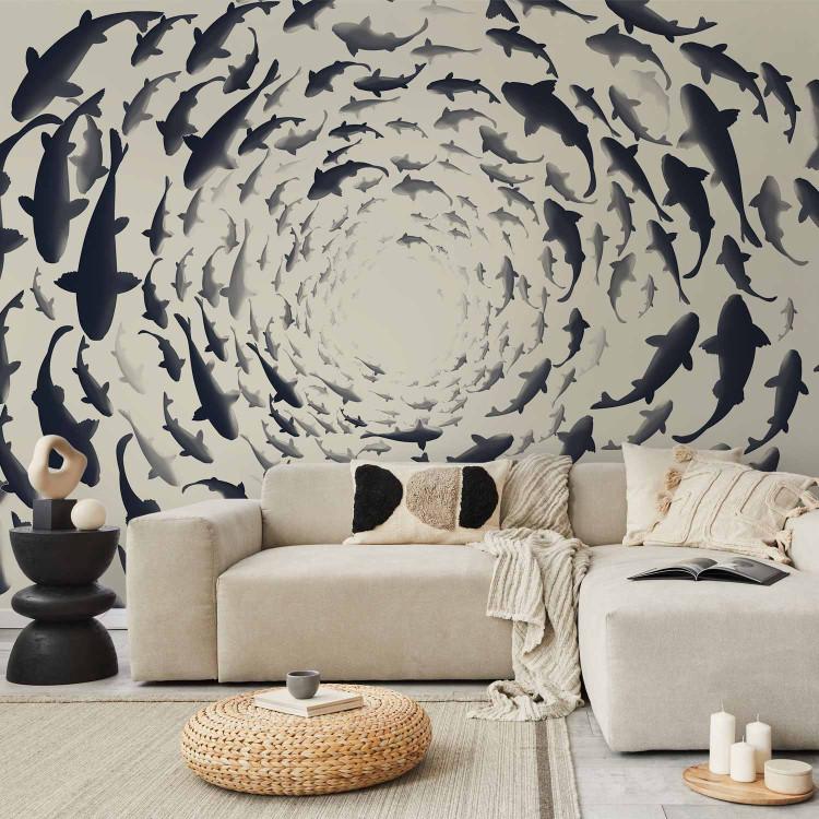 Wall Mural Turmoil among animals - fish in shades of grey on a white background
