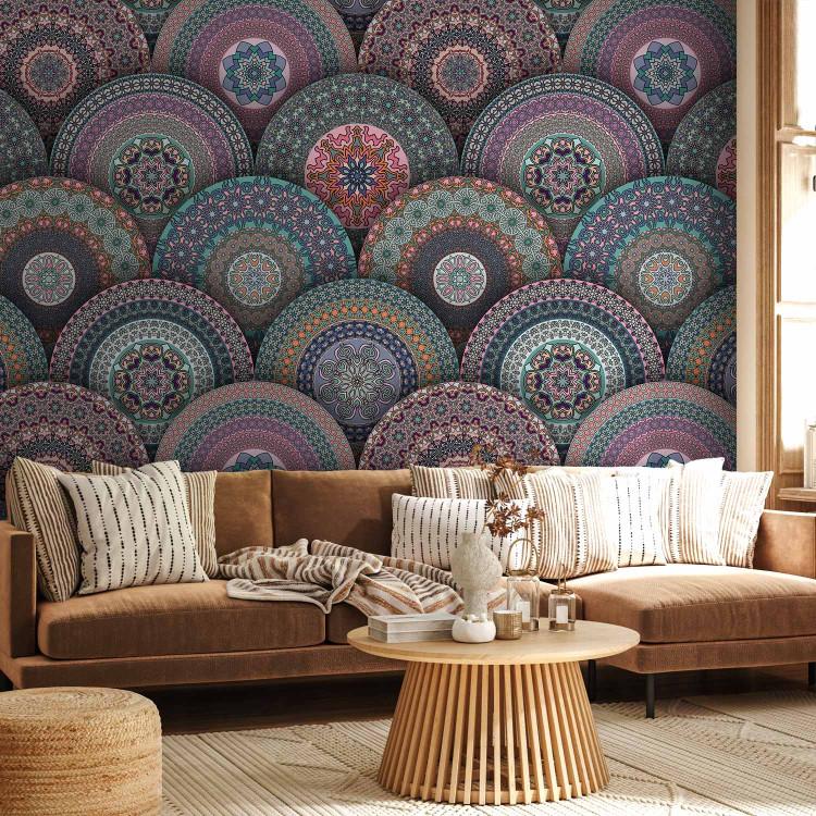 Wall Mural Kaleidoscope - regularly arranged circles with a pattern of colourful mandalas