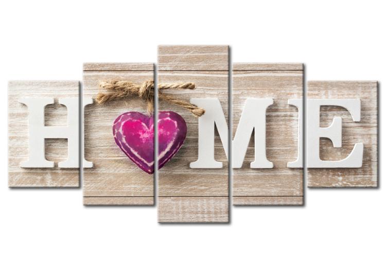 Canvas Heart in Home (5-part) - Text on Wooden Background in Retro Style