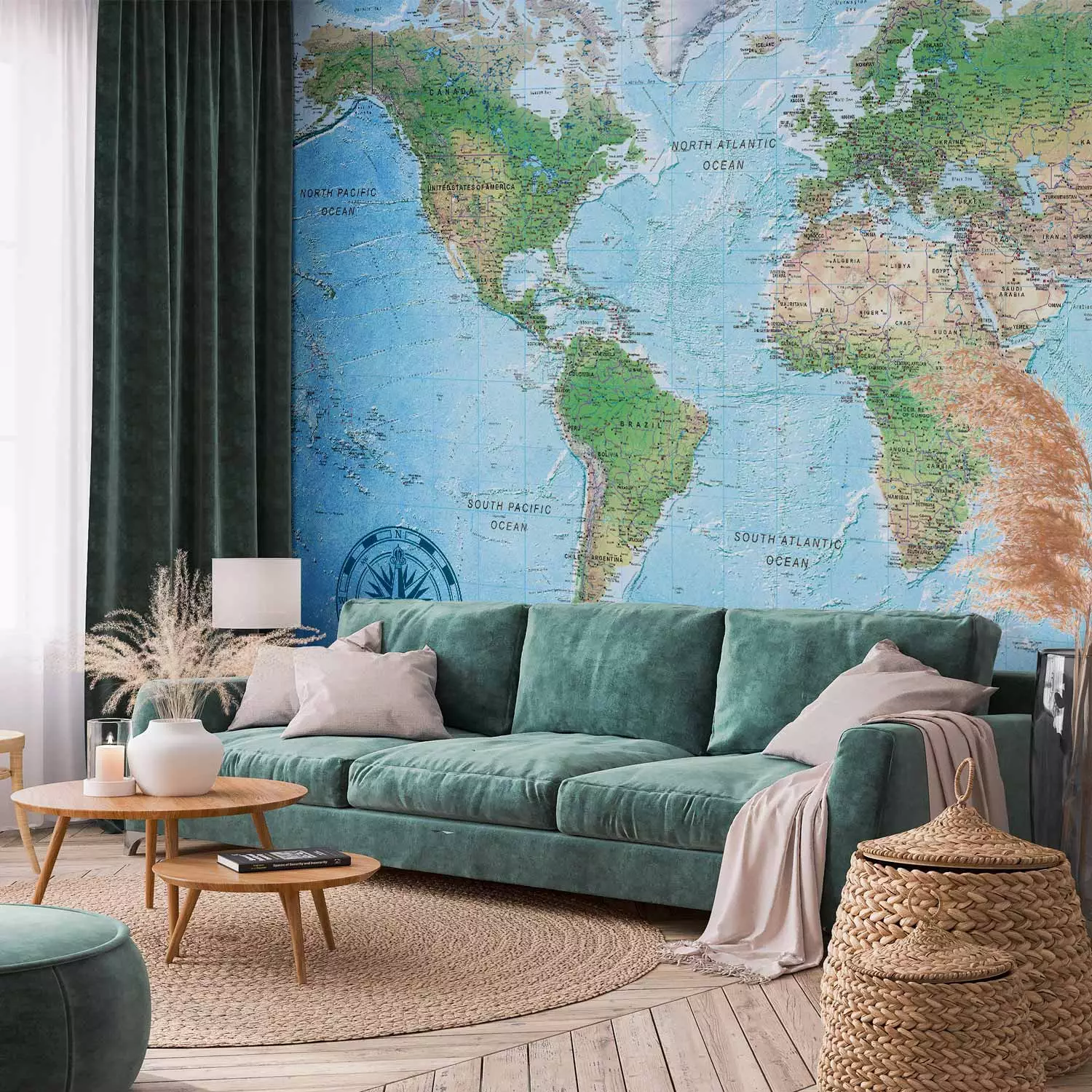 Photo Wallpaper Traditional world map - continents with inscriptions in English and compass
