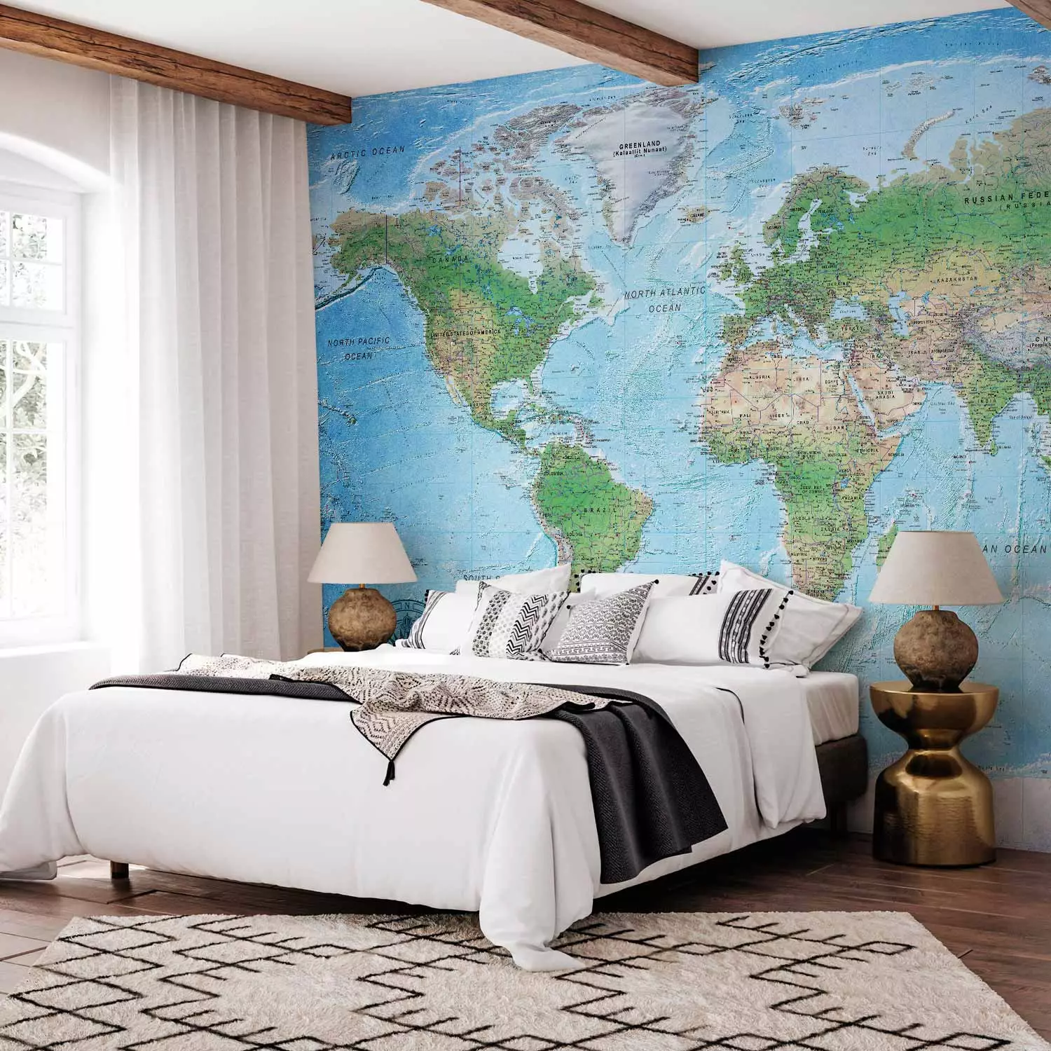 Photo Wallpaper Traditional world map - continents with inscriptions in English and compass