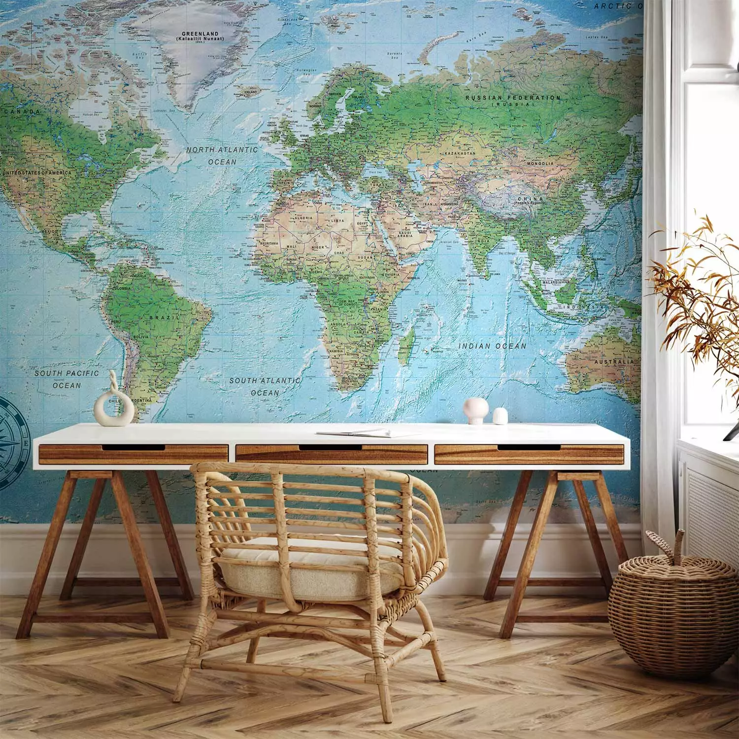 Photo Wallpaper Traditional world map - continents with inscriptions in English and compass