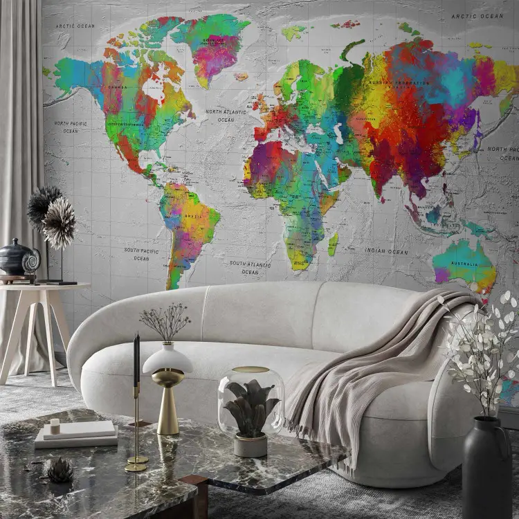 Wall Mural Coloured world map - continents with names in English on a ...