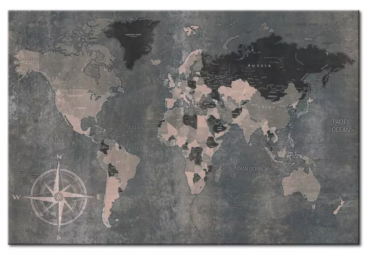 Canvas Journey Through Continents (1-part) - World Map in Gray Tones