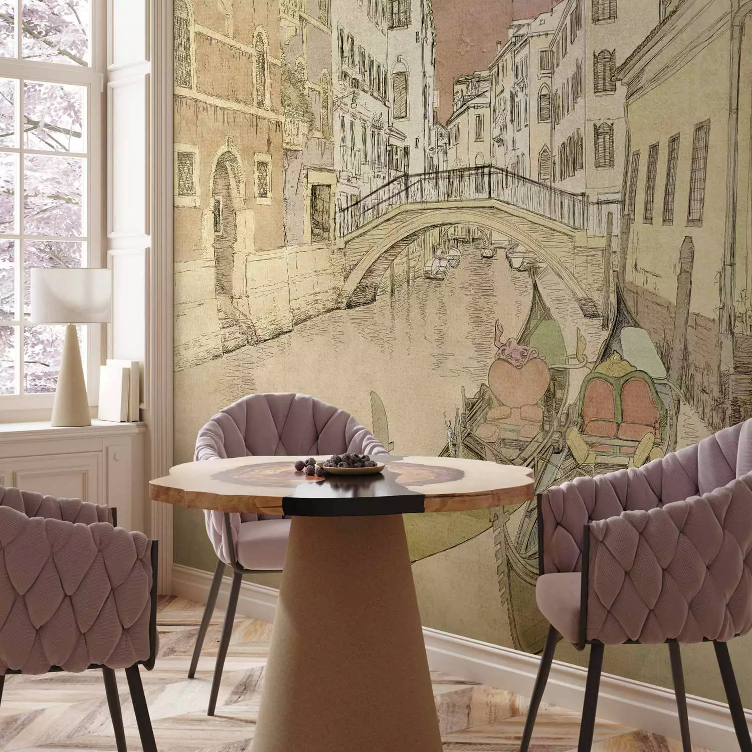 Photo Wallpaper Gondolas in Venice - a fragment of the city's architecture in delicate colours