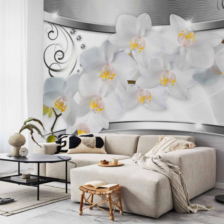 Wall Mural Flowers - white orchids on a fancy background with metallic shimmer