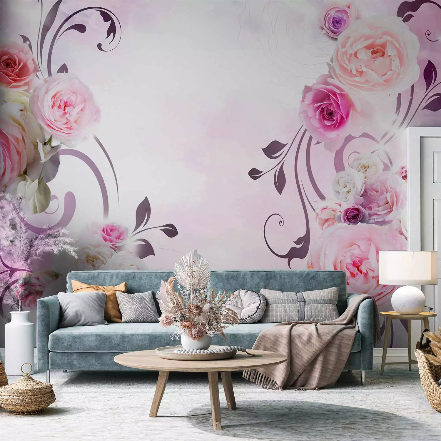 Photo Wallpaper Rose variations - bouquet of flowers on a solid background with a sparkle effect