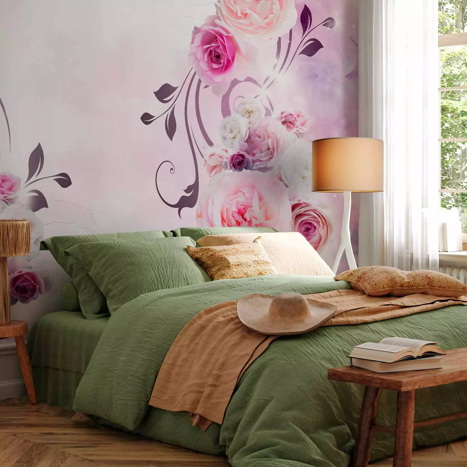 Photo Wallpaper Rose variations - bouquet of flowers on a solid background with a sparkle effect