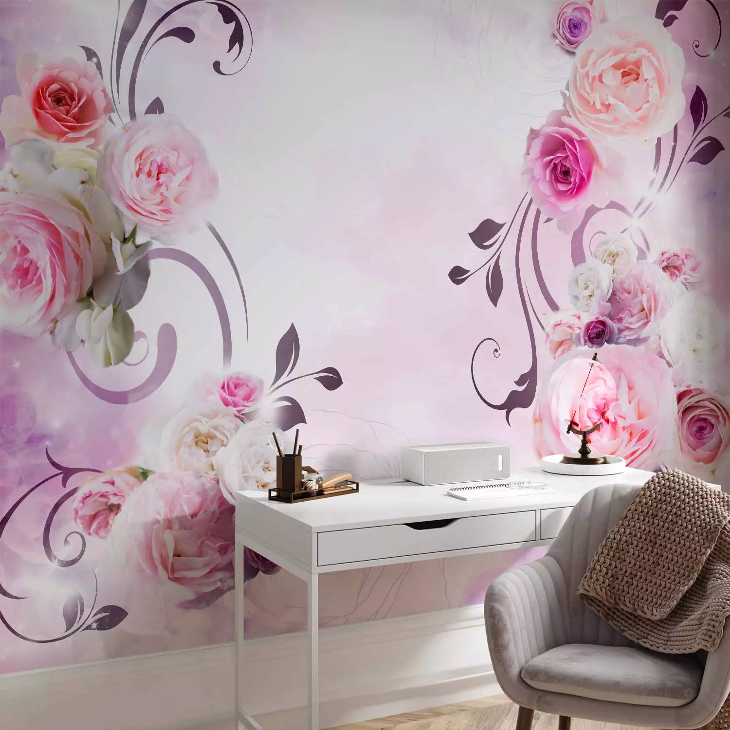 Photo Wallpaper Rose variations - bouquet of flowers on a solid background with a sparkle effect