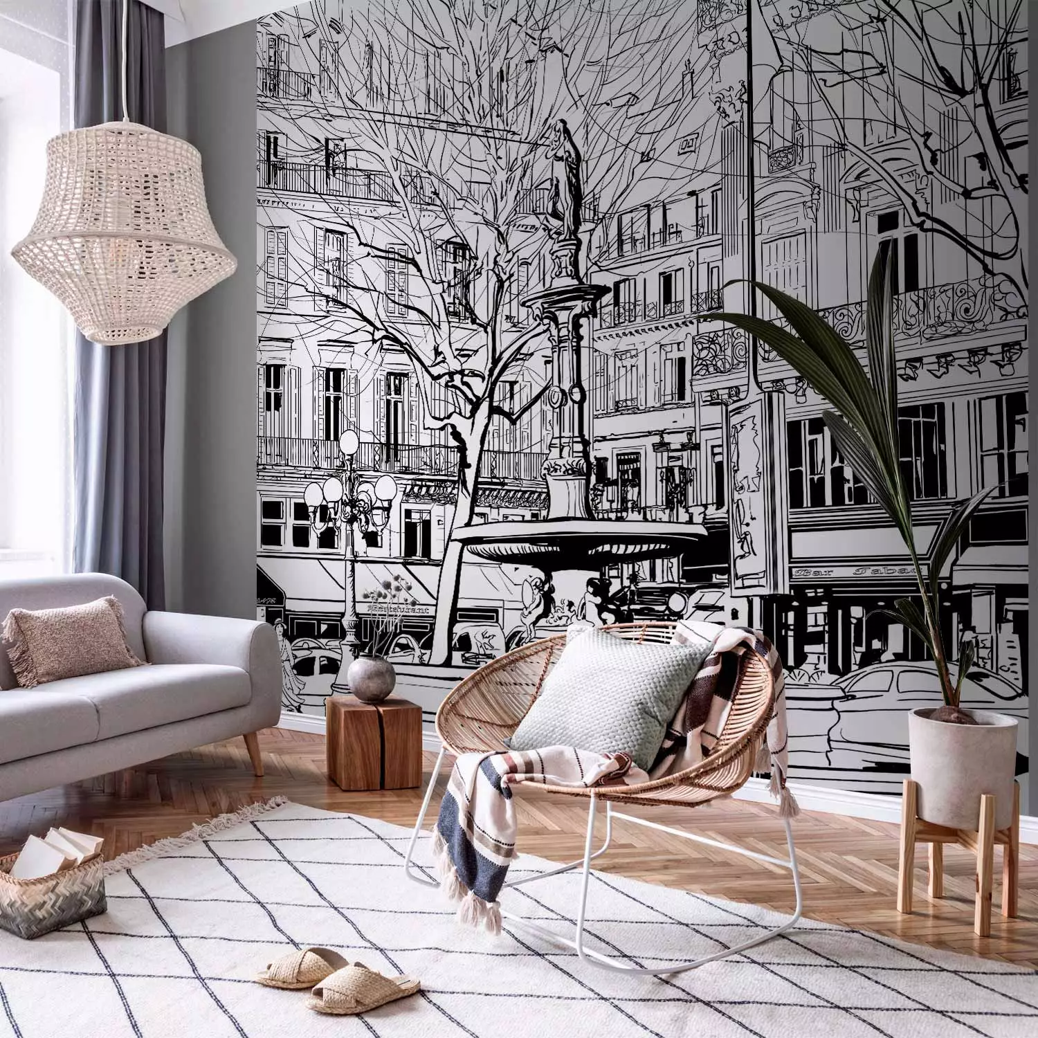 Photo Wallpaper Paris France - architecture in the form of a black outline on a white background