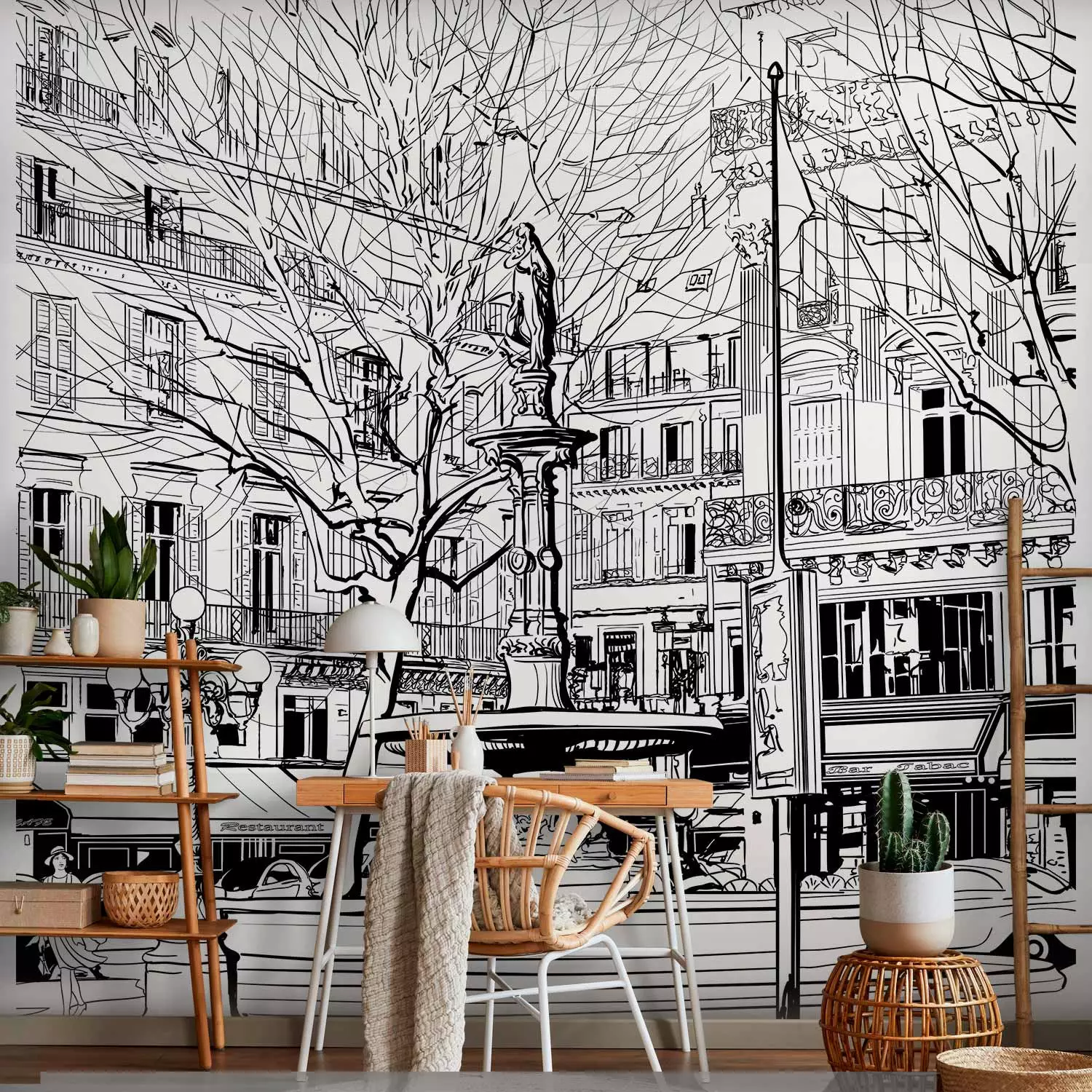 Photo Wallpaper Paris France - architecture in the form of a black outline on a white background